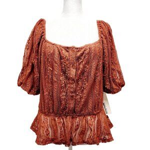 Rust Lace Peplum Blouse With Puff Sleeves & Satin Back-Tie Detail Size L